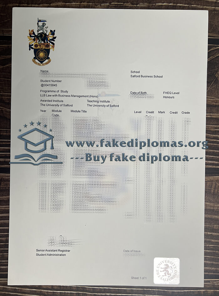 Buy University of Salford fake diploma, Fake University of Salford transcript.