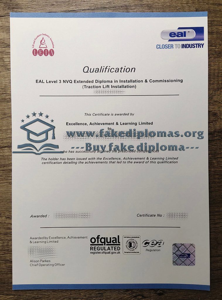 Buy EAL Level 3 NVQ Extended fake diploma, Fake EAL Level 3 NVQ Extended certificate.