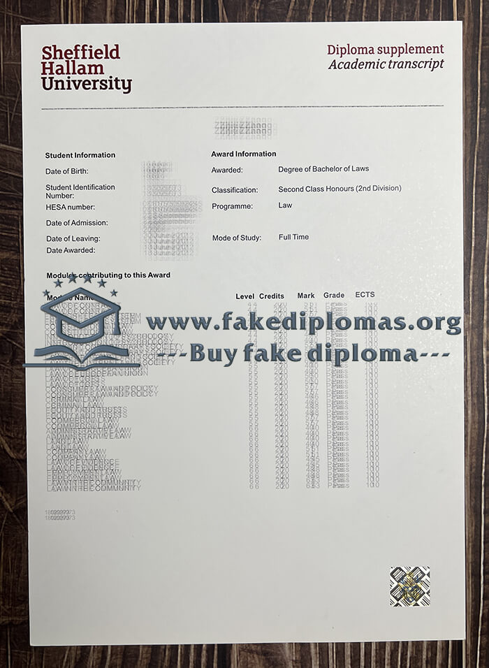 Buy Sheffield Hallam University fake diploma, Fake SHU transcript.