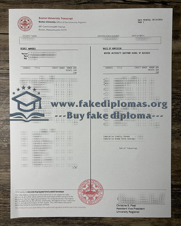 Buy Boston University fake diploma, Make BU transcript.