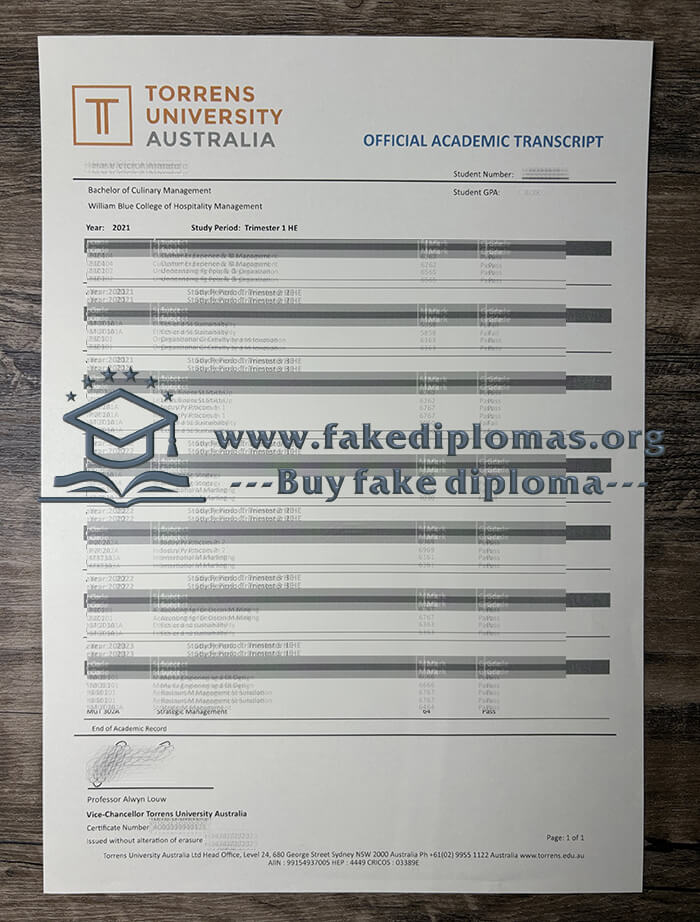 Buy Torrens University fake transcript, Fake Torrens University degree.