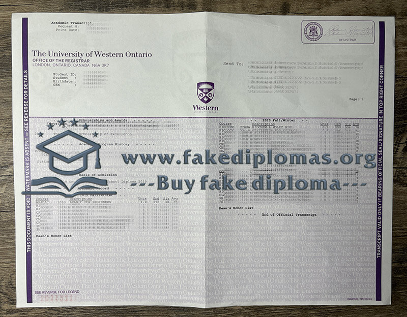 Buy University of Western Ontario fake transcript, Fake UWO degree.