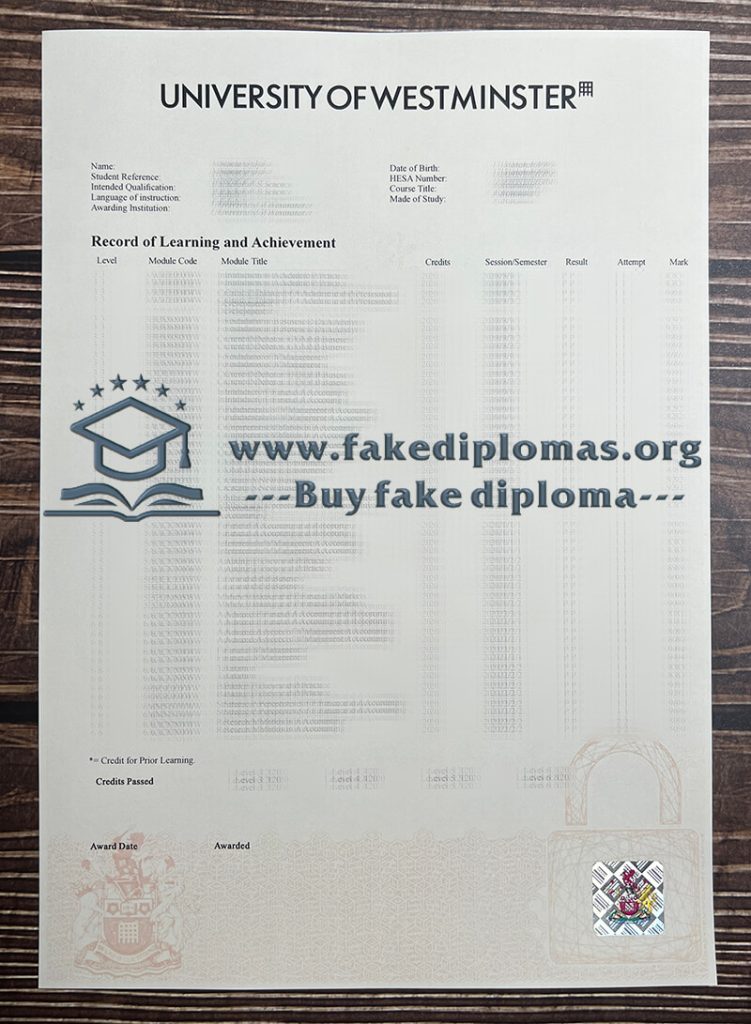 Buy University of Westminster fake transcript, Fake University of Westminster diploma.